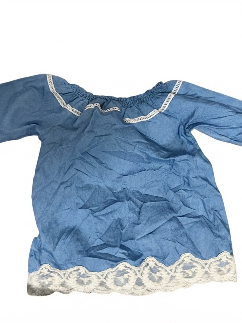 Girls Blue Off-Shoulder Blouse with Lace Trim